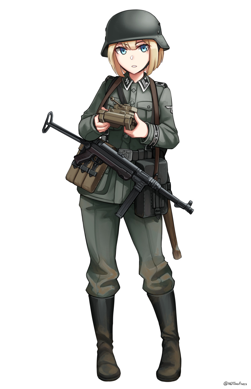 1girl absurdres bangs black_footwear blonde_hair blue_eyes boots collared_jacket commentary_request commission grey_headwear grey_jacket grey_pants ground_vehicle gun hair_between_eyes helmet highres holding jacket knee_boots long_sleeves looking_at_viewer military military_vehicle motor_vehicle mp40 ndtwofives original pants panzerkampfwagen_iv parted_lips simple_background solo submachine_gun tank twitter_username weapon white_background