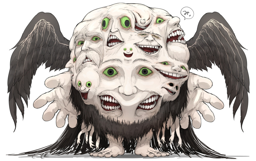 absurdres beard black_hair blue_sclera colored_sclera creature extra_arms extra_eyes extra_mouth facial_hair full_body highres hollow_eyes horror_(theme) kankan33333 long_hair looking_at_viewer no_humans outstretched_arms simple_background smile spread_arms very_long_hair white_background wings