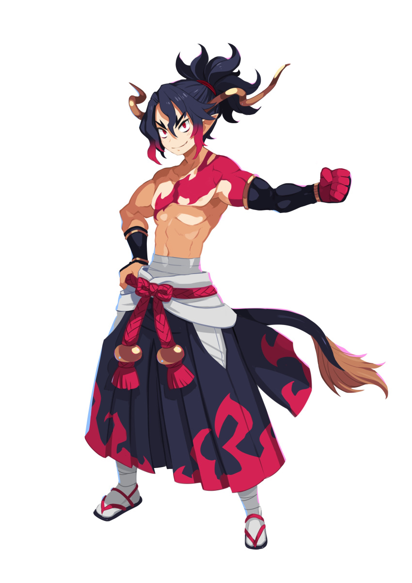 1boy absurdres bandages black_hair clenched_hand demon_boy disgaea full_body hakama hand_on_hip highres horns japanese_clothes long_hair makai_senki_disgaea_7 multicolored_hair muscular muscular_male nagano_tsukasa official_art outstretched_arm photoshop_(medium) pointy_ears ponytail red_eyes redhead simple_background smile solo standing tail tattoo topless_male two-tone_hair white_background
