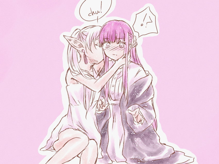 !? 2girls bangs blush closed_eyes dress earrings fern_(sousou_no_frieren) frieren hand_in_another's_hair hand_on_another's_cheek hand_on_another's_face highres jewelry kiss kissing_cheek monochrome multiple_girls pale_color pink_background pink_theme pointy_ears purple_hair romaji_text simple_background sitting sousou_no_frieren sundress wavy_mouth wide-eyed x_hmk_x yuri
