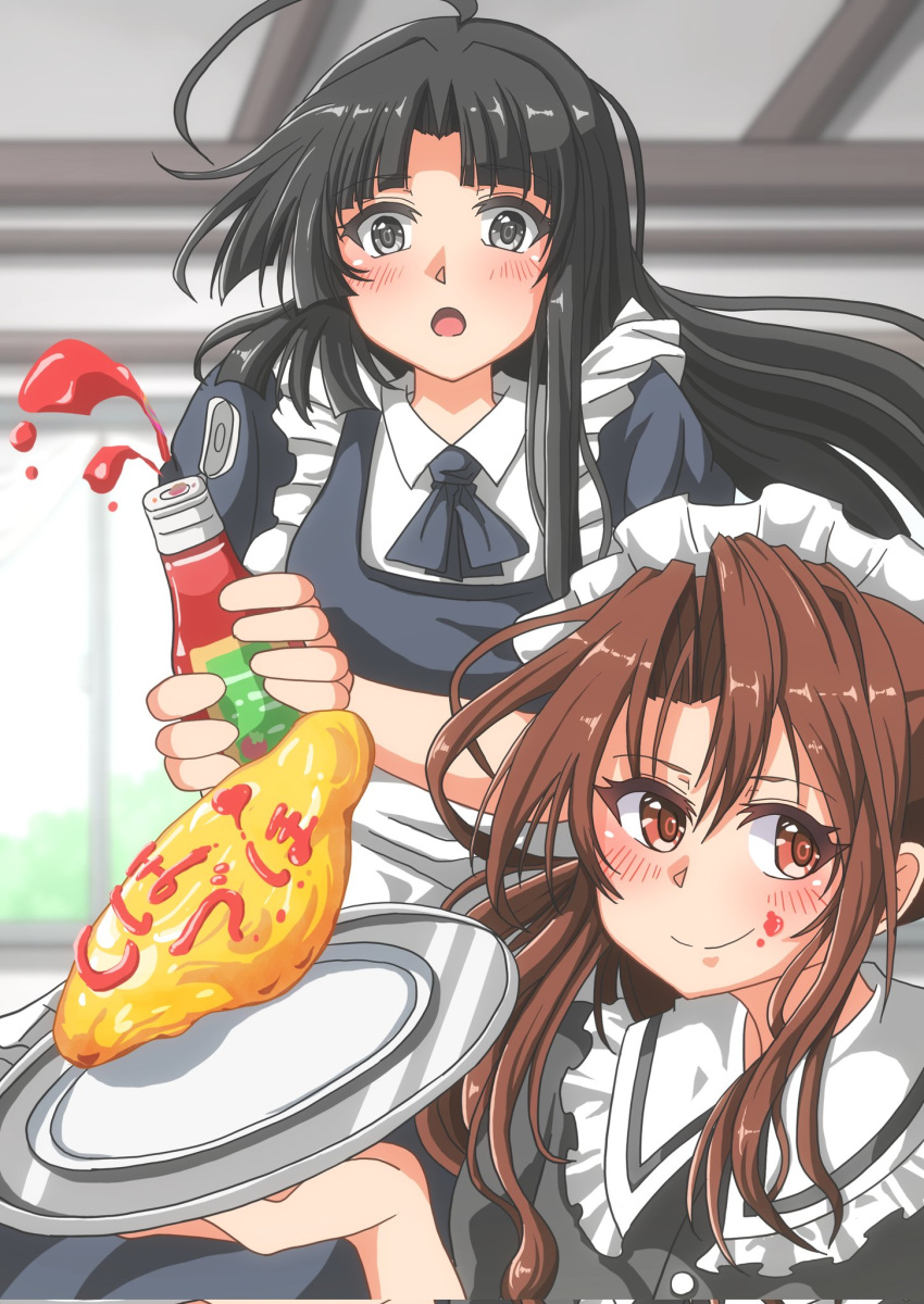 2girls ahoge alternate_costume apron bangs black_dress black_hair blunt_bangs brown_eyes brown_hair commentary_request dress enmaided food frilled_apron frills high_ponytail highres kantai_collection ketchup looking_at_viewer maid maid_headdress multiple_girls omurice plate shouhou_(kancolle) sosorin upper_body zuihou_(kancolle)