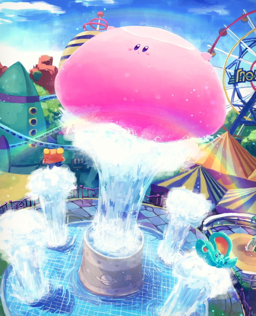 amusement_park animal_ears bandana_waddle_dee blush_stickers clouds colored_skin day elfilin fence ferris_wheel fountain highres kirby kirby_(series) kirby_and_the_forgotten_land mouse_ears mouthful_mode no_humans pink_skin rainbow sky solid_oval_eyes star_(symbol) suyasuyabi twitter_username wet