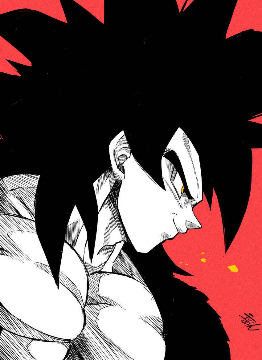 1boy absurdres black_hair body_fur commentary_request dragon_ball dragon_ball_z fusion gogeta highres liedein male_focus muscular muscular_male pectorals red_background smile solo spiky_hair super_saiyan yellow_eyes