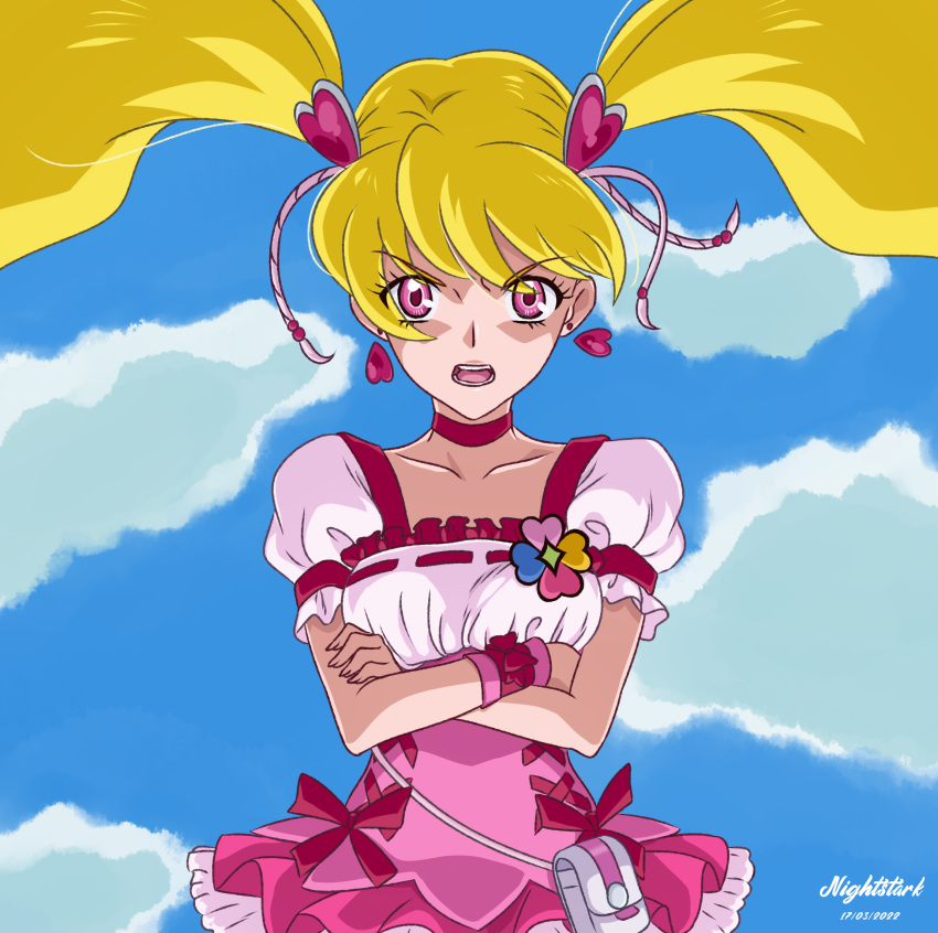1girl 2022 artist_name blonde_hair blue_sky choker clouds collarbone crossed_arms cure_peach dated day earrings fresh_precure! gunbuster_pose hair_ornament heart heart_earrings heart_hair_ornament highres jewelry layered_skirt long_hair looking_at_viewer miniskirt nightstark outdoors pink_eyes pink_skirt precure red_choker shirt short_sleeves skirt sky solo twintails underbust white_shirt wrist_cuffs