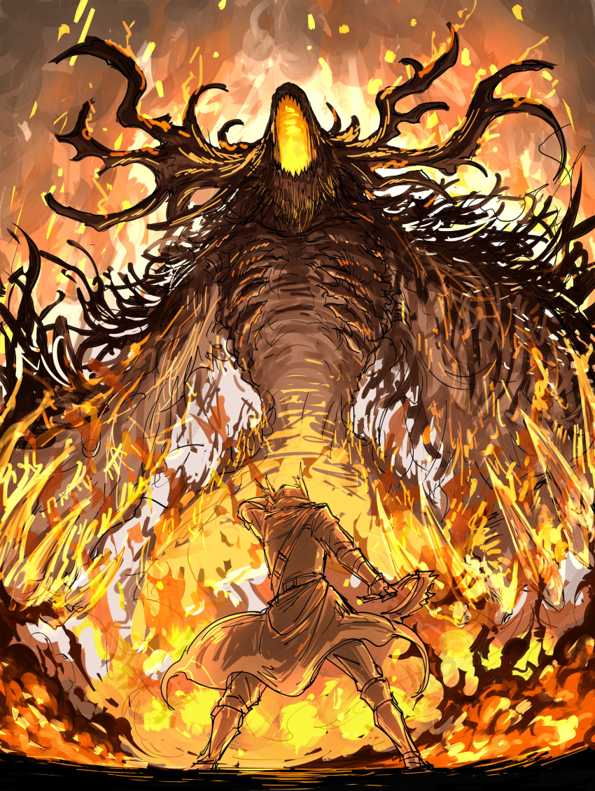 1boy absurdres bloodborne boots burning cleric_beast coat fire from_behind hand_up hat highres holding holding_weapon hunter_(bloodborne) kankan33333 monster red_theme weapon