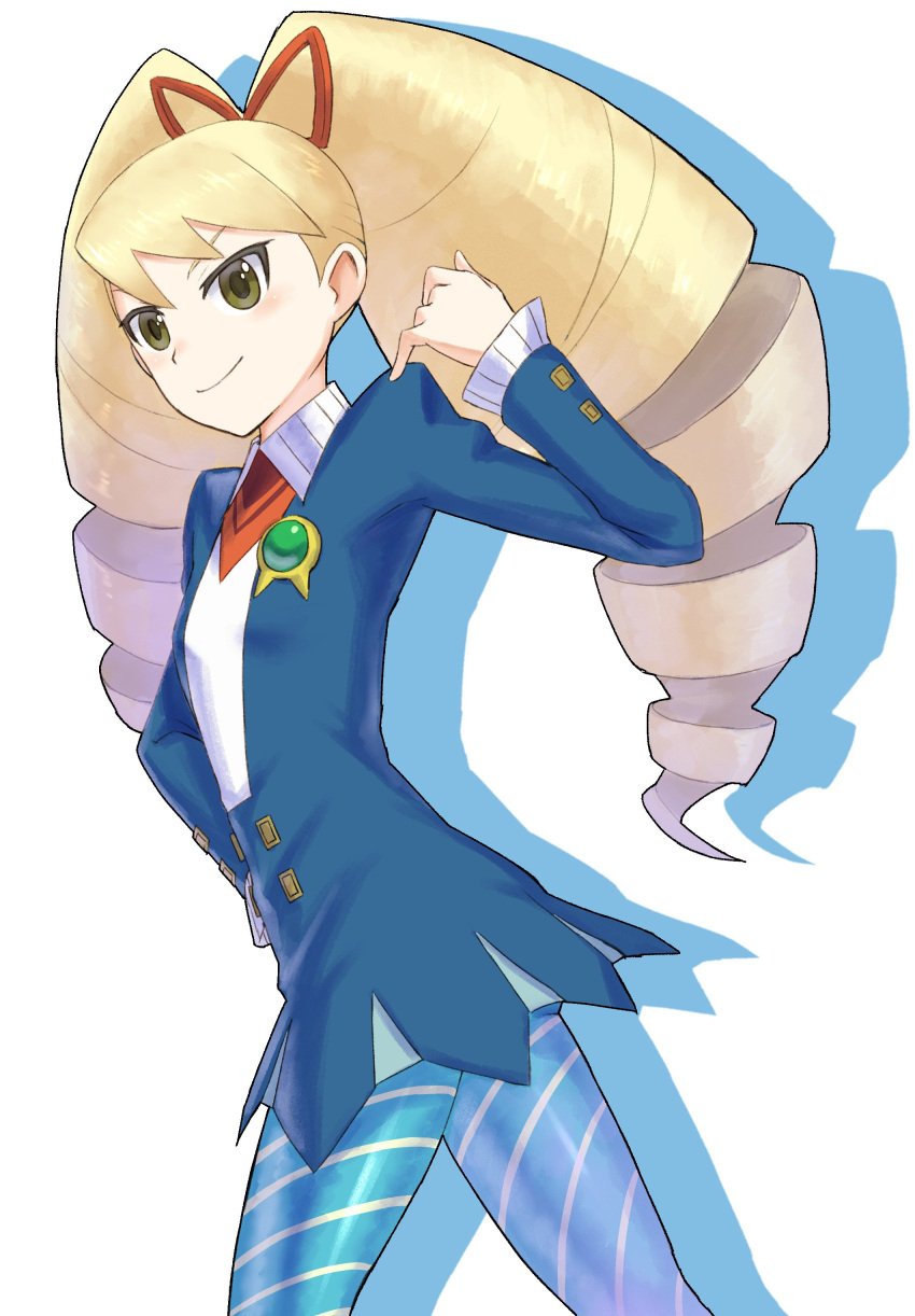 1girl absurdres big_hair blonde_hair blue_pantyhose closed_mouth drill_hair green_eyes highres long_hair looking_at_viewer luna_platz_(mega_man) mega_man_(series) mega_man_star_force pantyhose shingo_(picturepuzzle) simple_background smile solo striped twin_drills twintails white_background