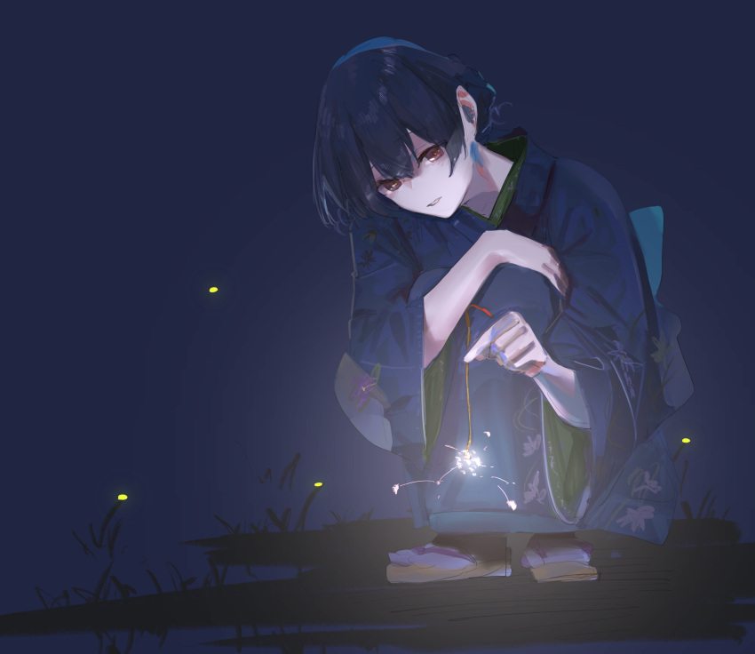 1girl absurdres blue_hair blue_kimono bug dark_blue_hair firefly fireworks floral_print geta hand_on_own_knee highres holding_fireworks idolmaster idolmaster_shiny_colors japanese_clothes kimono morino_rinze night red_eyes simple_background solo sparkler squatting takashi_(cry_191) wide_sleeves