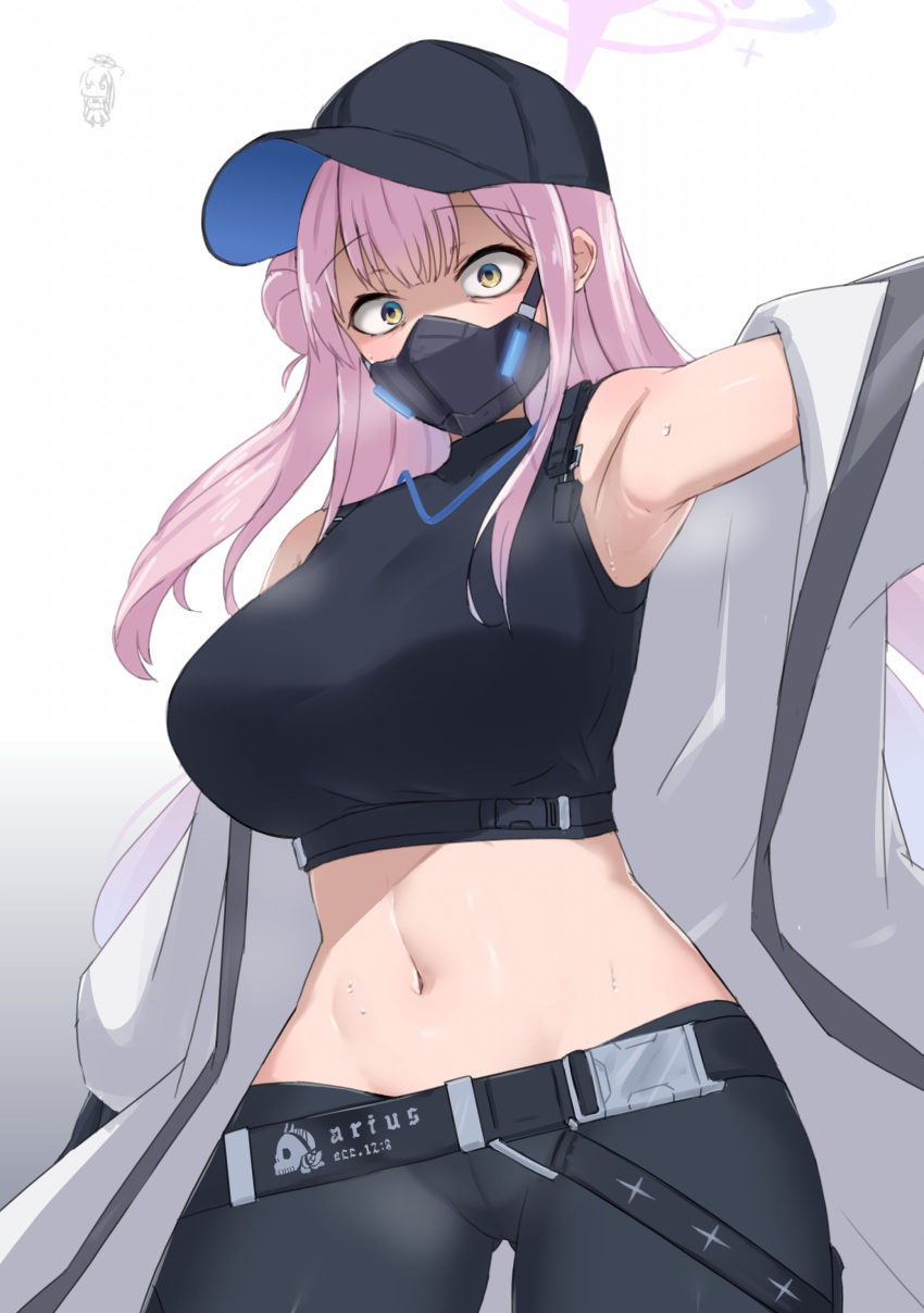 1girl absurdres armband armpits bangs baseball_cap belt black_gloves black_headwear black_pants black_shirt blue_archive cosplay crop_top gloves halo hat highres holster jacket mask midriff mika_(blue_archive) mouth_mask noe_(ppppriver) pants pink_hair saori_(blue_archive) saori_(blue_archive)_(cosplay) shirt sleeveless sleeveless_shirt thigh_holster underbust white_jacket yellow_eyes