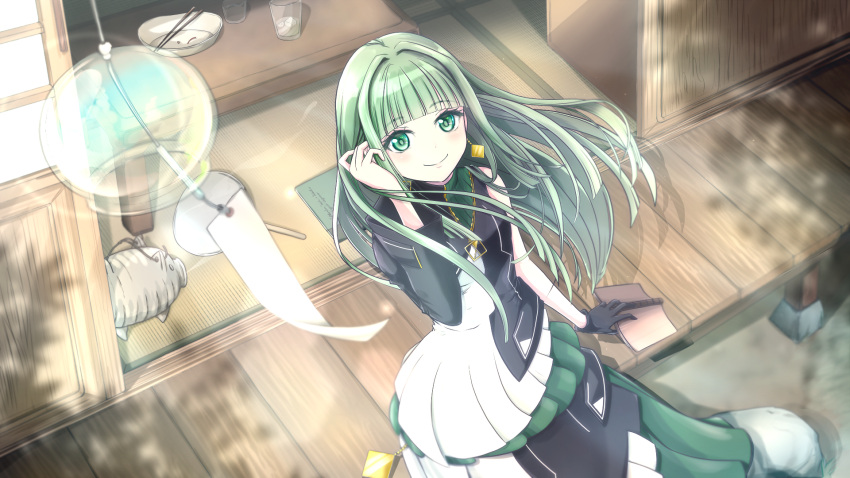 1girl asymmetrical_gloves asymmetrical_sleeves bangs black_gloves blunt_bangs closed_mouth dec_madoka dress earrings floating_hair from_above gloves green_eyes green_hair highres jewelry long_dress long_hair shiny shiny_hair single_glove single_sleeve sitting smile solo very_long_hair virtual_youtuber vocaloid vsinger wind_chime_focus