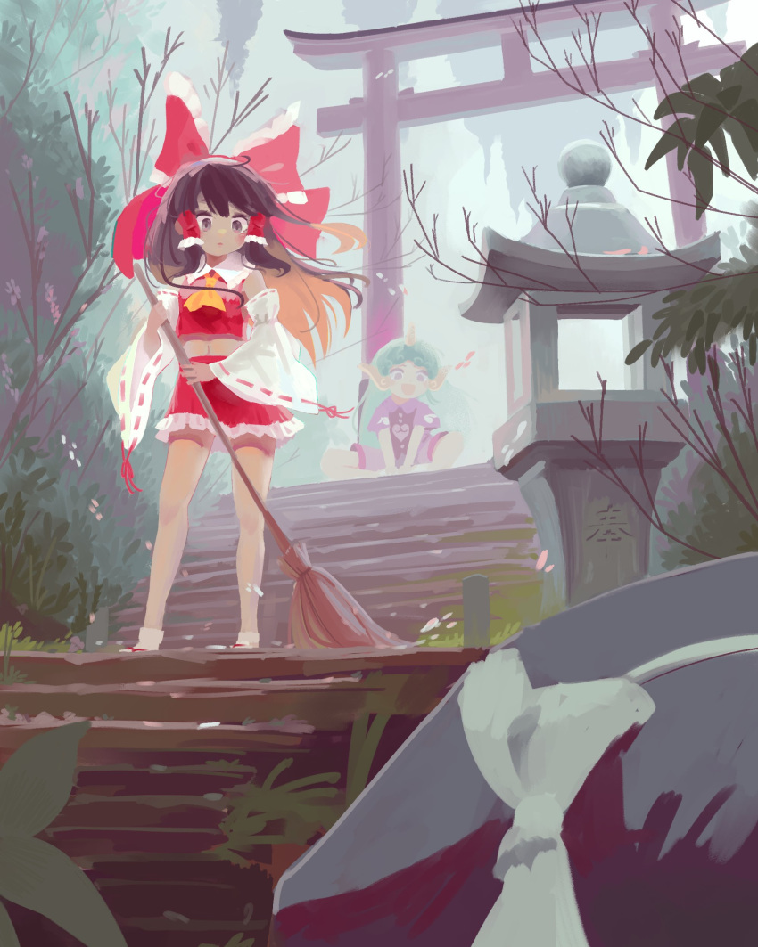 2girls absurdres ascot black_hair bow breasts broom bush frilled_skirt frills hakurei_reimu hat highres holding holding_broom housulu komano_aunn long_hair long_sleeves midriff multiple_girls open_mouth outdoors red_bow red_shirt red_skirt red_vest sandals shirt short_hair short_sleeves skirt small_breasts socks squatting stone_lantern torii touhou vest white_shirt wide_sleeves witch_hat yellow_ascot