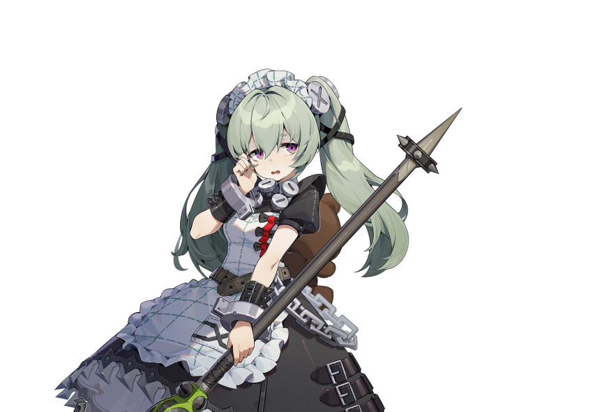 1girl apron corin_wickes facing_viewer green_hair hair_ornament highres holding holding_weapon long_hair looking_to_the_side maid maid_apron maid_headdress official_art open_mouth short_sleeves solo twintails violet_eyes weapon zenless_zone_zero