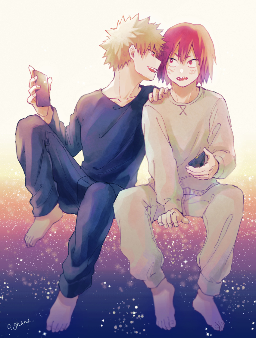 2boys adcalcium bakugou_katsuki barefoot black_pants black_shirt blonde_hair boku_no_hero_academia cellphone collarbone commentary_request full_body gradient gradient_background grey_pants grey_shirt hand_on_another's_shoulder highres holding holding_phone kirishima_eijirou long_sleeves looking_at_another male_focus multiple_boys open_mouth pants phone red_eyes redhead shirt short_hair signature sitting spiky_hair