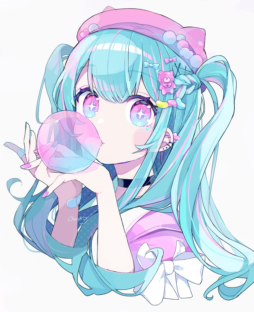 1girl blue_eyes blue_hair blush braid chewing_gum chon_(chon33v) ear_piercing half_updo highres long_hair looking_at_viewer multicolored_eyes multicolored_hair original piercing pink_eyes pink_hair solo twintails white_background