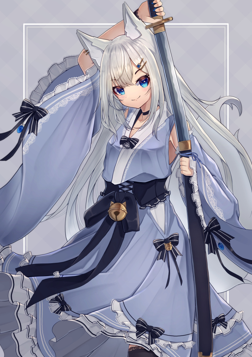 1girl absurdres animal_ear_fluff animal_ears arm_up bangs bare_shoulders bell black_bow black_choker black_thighhighs blue_eyes blue_kimono blue_skirt blue_sleeves bow breasts choker closed_mouth detached_sleeves fox_ears fox_girl fox_tail frilled_sleeves frills grey_hair hair_between_eyes hair_ornament hairclip highres hinata_(user_rjkt4745) holding holding_sheath holding_sword holding_weapon japanese_clothes jingle_bell katana kimono lace-trimmed_legwear lace_trim long_hair long_sleeves looking_at_viewer original plaid plaid_background sheath skirt sleeveless sleeveless_kimono sleeves_past_wrists small_breasts smile solo striped striped_bow sword tail thigh-highs unsheathing very_long_hair weapon wide_sleeves