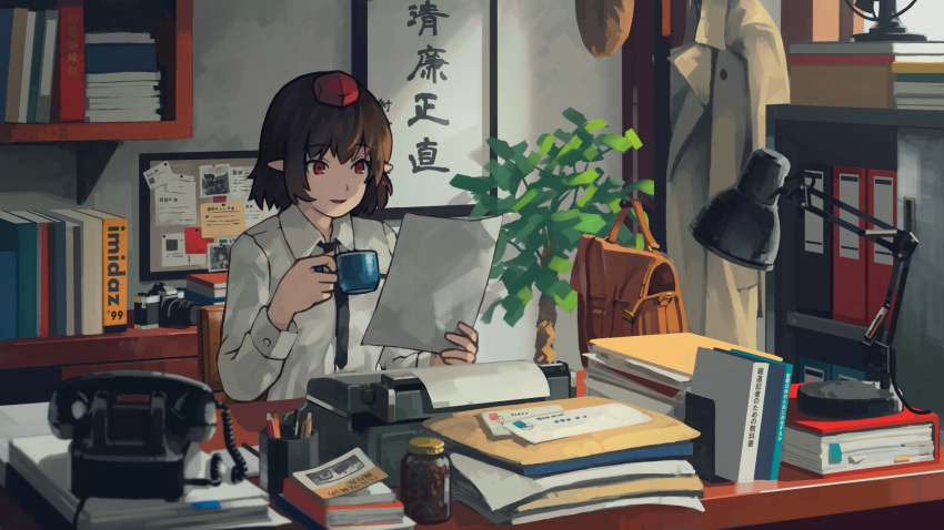 1girl bag binder black_hair black_necktie book camera coat commentary_request cup desk desk_lamp envelope folder highres holding holding_cup holding_paper indoors jar lamp long_sleeves mikado_(winters) necktie paper parted_lips pen pencil phone photo_(object) plant pointy_ears printer red_eyes revision shameimaru_aya shirt short_hair smile solo touhou translation_request white_shirt