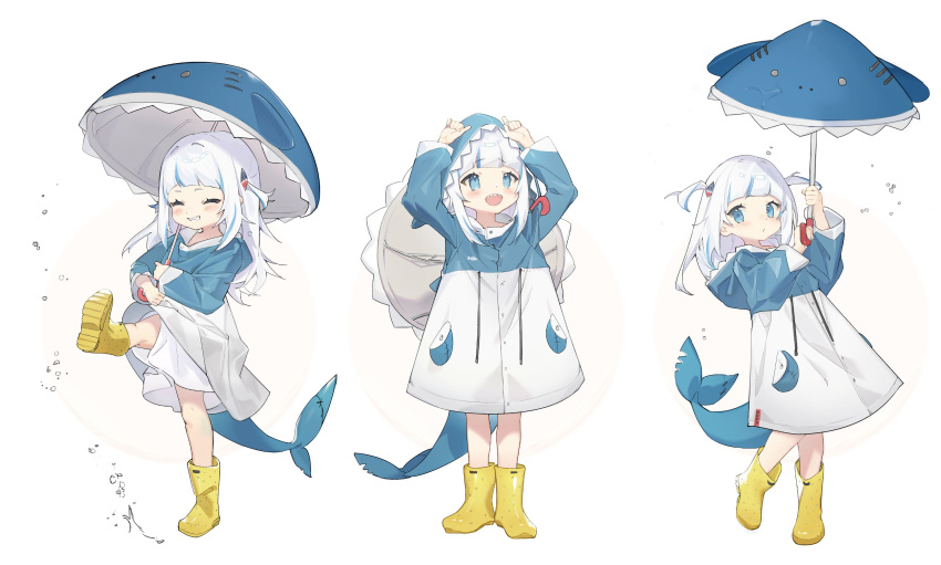 1girl ^_^ absurdres adapted_costume alternate_costume animal_hood arms_up blue_eyes blue_hair blue_nails blue_raincoat blush boots buttons closed_eyes denpa_noise fish_tail full_body gawr_gura grin hair_ornament hands_on_own_head happy highres holding holding_umbrella hololive hololive_english hood hood_down hood_up knees_together_feet_apart leg_up long_sleeves looking_at_viewer looking_up medium_hair multicolored_hair multiple_views open_mouth pocket raincoat rubber_boots shark_hair_ornament shark_hood shark_tail sharp_teeth simple_background smile standing streaked_hair tail teeth two-tone_coat two-tone_hair two_side_up umbrella virtual_youtuber water_drop white_background white_hair yellow_footwear