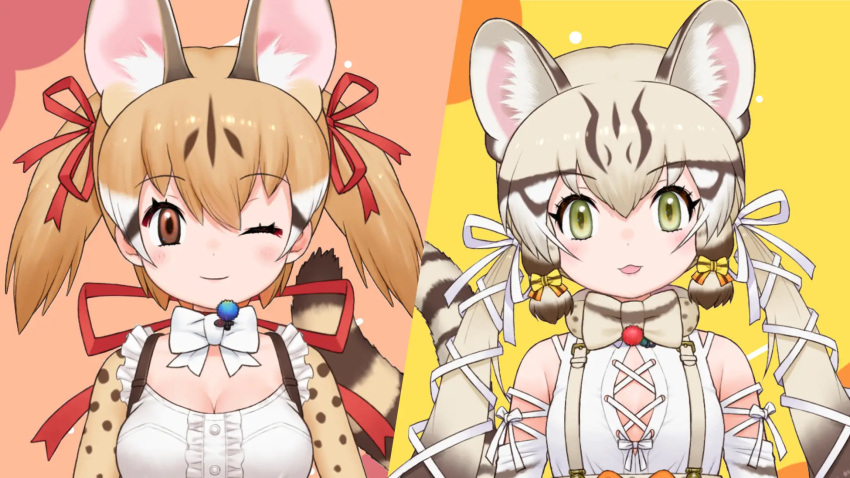 2girls animal_costume animal_ear_fluff animal_ears bow bowtie brown_hair cat_ears cat_girl geoffroy's_cat_(kemono_friends) grey_hair highres kemono_friends kemono_friends_v_project large-spotted_genet_(kemono_friends) long_hair looking_at_viewer microphone multiple_girls one_eye_closed open_mouth ribbon shirt simple_background smile twintails virtual_youtuber white_shirt yoshizaki_mine