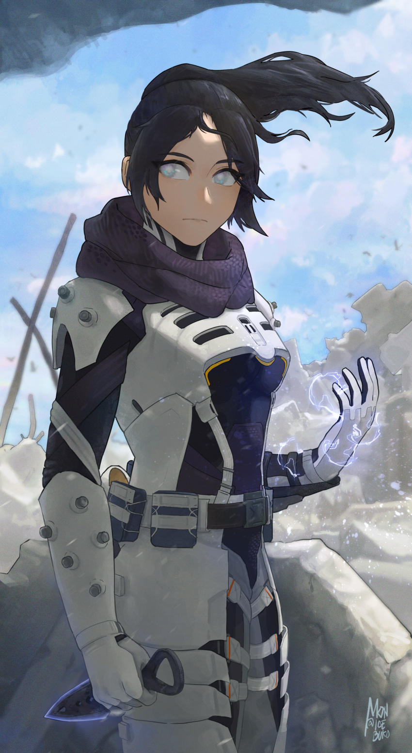1girl absurdres alternate_hairstyle animification apex_legends armor bangs breasts clouds electricity floating_hair gloves grey_eyes grey_gloves highres holding holding_knife icebuko knife kunai official_alternate_costume open_hand parted_bangs purple_scarf scarf sky small_breasts solo voidwalker_wraith weapon wraith's_kunai wraith_(apex_legends)