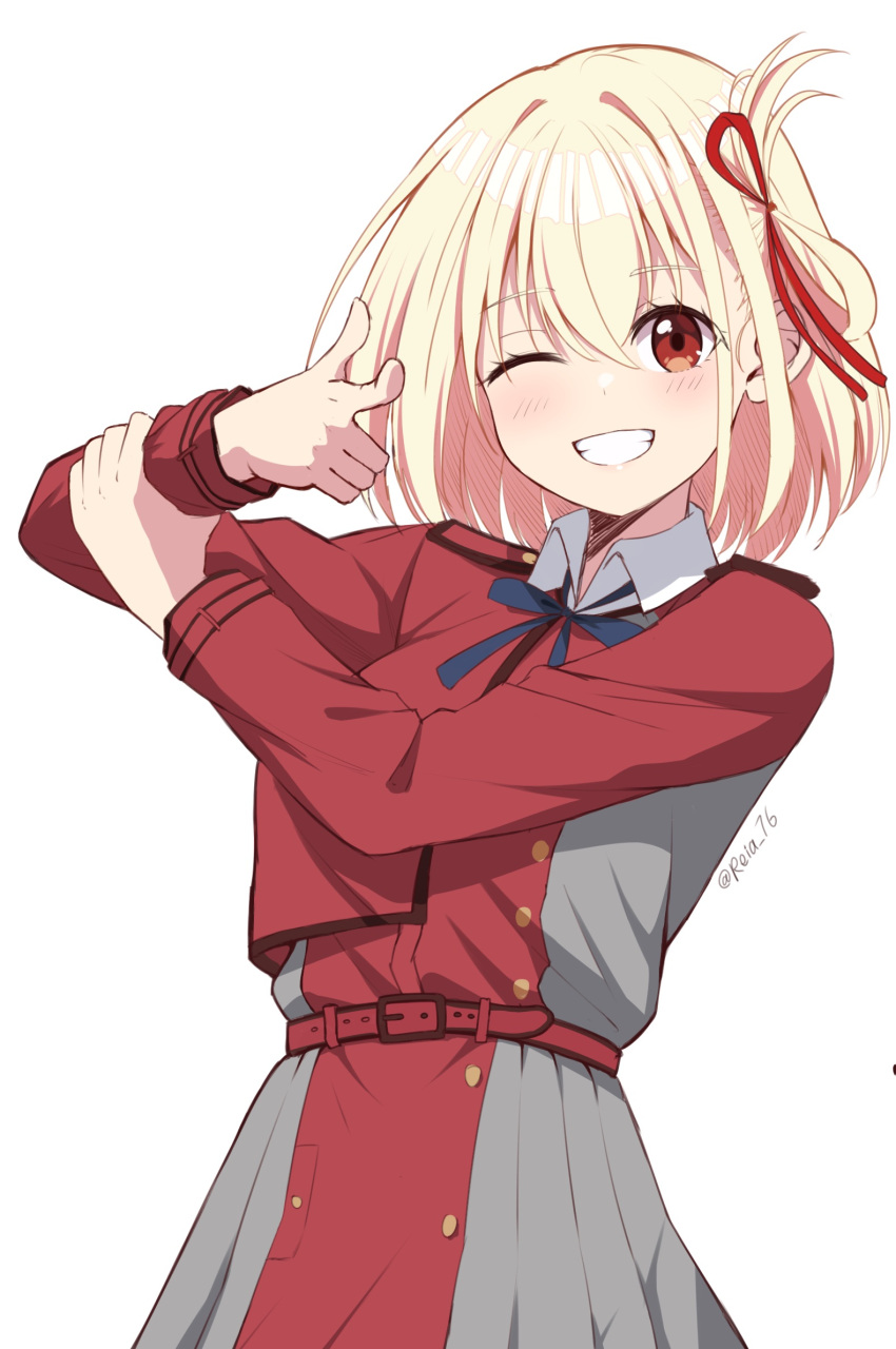 1girl belt blonde_hair blue_bow blue_bowtie blush bow bowtie buckle collar dress finger_gun grey_dress grin hair_ribbon highres holding_own_wrist looking_at_viewer lycoris_recoil lycoris_uniform nishikigi_chisato one_eye_closed one_side_up red_belt red_dress red_eyes red_ribbon reia_76 ribbon shirt short_hair simple_background smile solo teeth twitter_username two-tone_dress white_background white_collar white_shirt wing_collar