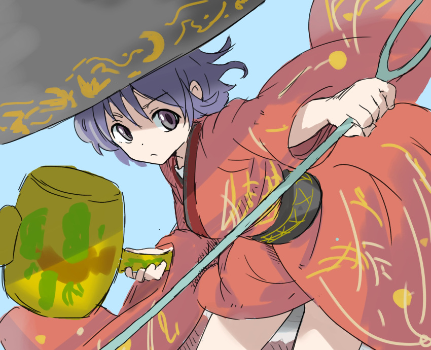 1girl alternate_breast_size bangs belt black_belt bowl bowl_hat breasts closed_mouth dress exkagerou8665 hat highres holding holding_needle japanese_clothes kimono long_sleeves mallet needle needle_sword one-hour_drawing_challenge purple_hair short_hair simple_background solo sukuna_shinmyoumaru touhou violet_eyes