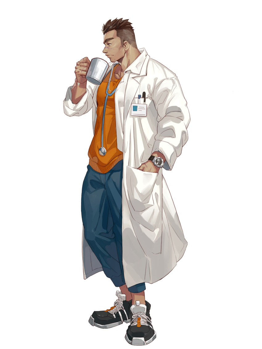 1boy absurdres brown_hair card_(medium) coat cup doctor hand_in_pocket highres looking_to_the_side male_focus manly mature_male muscular muscular_male original pants pectorals pen scar scar_on_face scar_on_nose selkiro shirt short_hair simple_background snickers solo spiky_hair t-shirt thick_eyebrows undercut watch white_background