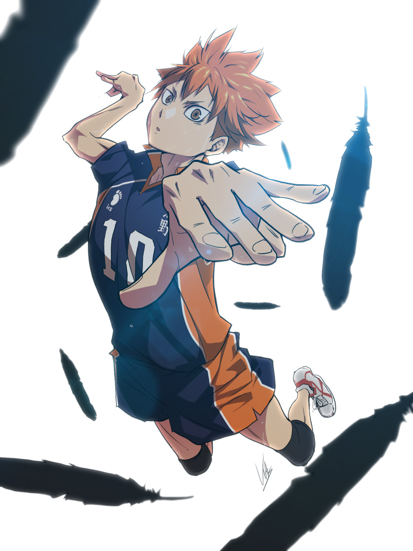 1boy arm_up black_feathers brown_eyes dripping feathers fingernails grey_footwear haikyuu!! hair_between_eyes highres hinata_shouyou jumping knee_pads looking_at_viewer male_focus orange_hair parted_lips shoes simple_background sneakers solo sweat white_background yasu_(pixiv)