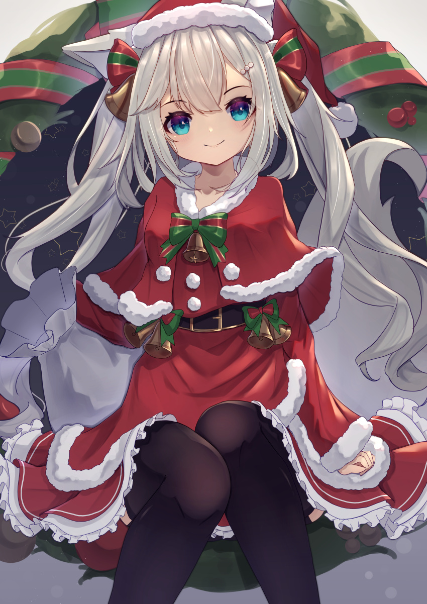 1girl absurdres animal_ear_fluff animal_ears bangs bell belt belt_buckle black_background black_belt black_thighhighs blue_eyes bow breasts buckle capelet christmas closed_mouth collarbone dress ears_through_headwear fox_ears fox_girl fox_tail frilled_dress frills fur-trimmed_capelet fur-trimmed_dress fur-trimmed_sleeves fur_trim grey_background grey_hair hair_bell hair_between_eyes hair_bow hair_ornament hairclip hat highres hinata_(user_rjkt4745) long_sleeves looking_at_viewer original red_capelet red_dress red_headwear sack santa_costume santa_hat small_breasts smile solo star_(symbol) striped striped_bow tail thigh-highs twintails