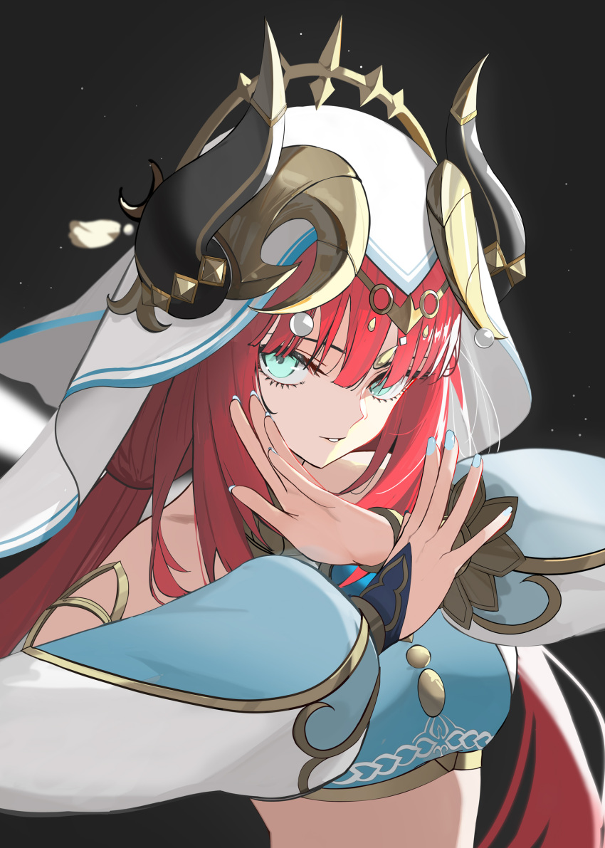 1girl bangs blue_nails bridal_gauntlets brown_background crop_top dark_background detached_sleeves forehead_jewel genshin_impact gold_trim green_eyes hands_up highres horns long_hair long_sleeves looking_at_viewer low_twintails nilou_(genshin_impact) parted_bangs parted_lips puffy_long_sleeves puffy_sleeves rikui_(rella2930) solo twintails upper_body veil white_headdress white_sleeves x_arms
