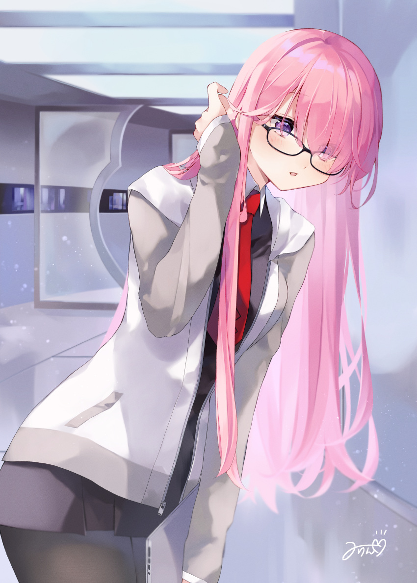 1girl :o absurdres alternate_hair_length alternate_hairstyle black-framed_eyewear black_dress black_pantyhose blush collared_dress commentary_request dress eyes_visible_through_hair fate/grand_order fate_(series) glasses grey_jacket hair_over_one_eye highres hood hood_down hooded_jacket indoors jacket long_hair long_sleeves looking_at_viewer mash_kyrielight misaki346 multicolored_clothes multicolored_jacket necktie open_clothes open_jacket pantyhose pink_hair pocket red_necktie signature sleeves_past_wrists solo straight_hair two-tone_jacket very_long_hair violet_eyes white_jacket zipper