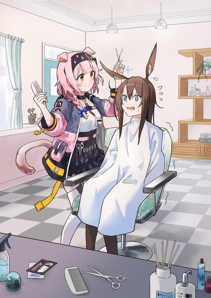 2girls @_@ absurdres amiya_(arknights) animal_ear_fluff animal_ears arknights bangs barber barber_chair black_headband black_jacket black_skirt blanket blue_bow blue_eyes bottle bow braid brown_hair brown_pantyhose cat_ears cat_girl cat_tail ceiling_light checkered_floor closed_mouth comb commentary_request curtains floppy_ears goldenglow_(arknights) grey_jacket hair_bow headband high-waist_skirt highres holding holding_comb holding_scissors id_card indoors jacket lightning_bolt_print lightning_bolt_symbol long_hair looking_at_another messy_hair multicolored_clothes multicolored_jacket multiple_girls nyanko960121 open_clothes open_jacket open_mouth pantyhose pink_hair pink_jacket plant potted_plant print_hairband pulverizer rabbit_ears rabbit_girl scared scissors shelf shirt side_braid single_braid skirt sleeves_past_elbows smile split_mouth sweatdrop tail thigh-highs trembling wavy_mouth white_shirt white_thighhighs window yellow_eyes