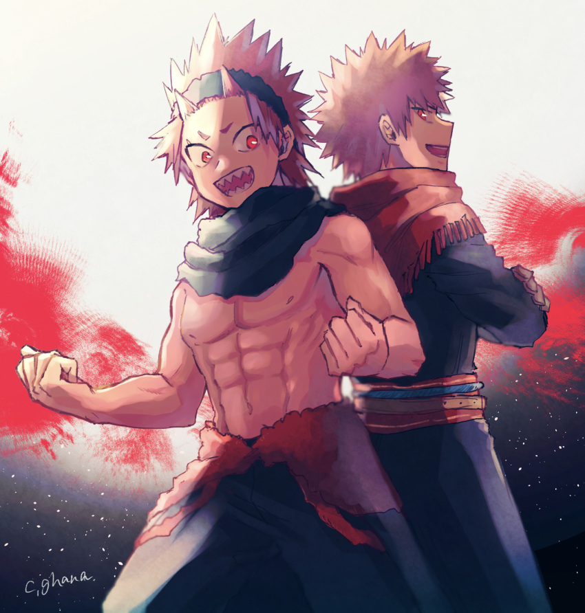 2boys abs adcalcium back-to-back bakugou_katsuki black_coat black_pants black_scarf blonde_hair boku_no_hero_academia clenched_hands coat commentary_request crossed_arms grey_background highres kirishima_eijirou looking_at_another male_focus multiple_boys nipples official_alternate_costume open_mouth pants pectorals red_eyes red_scarf redhead scarf sharp_teeth short_hair signature simple_background smile spiky_hair standing teeth topless_male