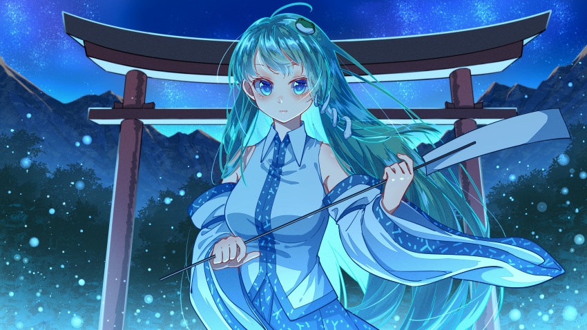 1girl absurdres bangs bare_shoulders blue_eyes blue_skirt blush closed_mouth collared_shirt commentary_request cowboy_shot detached_sleeves forest frog_hair_ornament gohei green_hair hair_ornament highres holding_gohei jiege kochiya_sanae long_hair looking_at_viewer mountain nature night night_sky shirt skirt sky sleeveless sleeveless_shirt snake_hair_ornament solo star_(sky) starry_sky torii touhou very_long_hair white_shirt white_sleeves wide_sleeves wing_collar