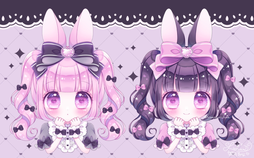 2girls :o animal_ears bangs black_bow black_hair blunt_bangs blush bow closed_mouth commentary english_commentary grey_shirt hair_bow heart heart-shaped_pupils heart_background himetsuki_luna looking_at_viewer multiple_girls original parted_lips pink_bow pink_hair pink_shirt puffy_short_sleeves puffy_sleeves rabbit_ears shirt short_sleeves signature smile sparkle symbol-shaped_pupils twintails twitter_username upper_body violet_eyes wrist_cuffs