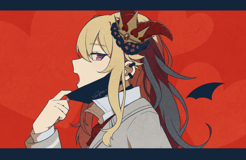 1girl bangs bat_wings blonde_hair bow bowtie choker collared_shirt commentary_request crown ear_piercing ellie_(housamo) english_text fangs fangs_out from_side hair_ornament heart highres horns jacket lace letterboxed long_hair long_sleeves looking_at_viewer looking_to_the_side mask_pull mini_crown multicolored_hair open_mouth piercing polka_dot ponzu_tas red_background red_bow red_bowtie school_uniform shirt solo tokyo_afterschool_summoners two-tone_hair upper_body vampire_(vocaloid) wings