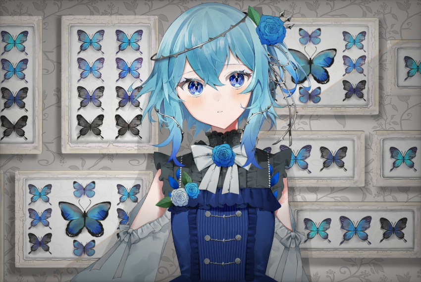 1girl acorn_(lakebiwabiwa) bare_shoulders black_shirt blue_butterfly blue_dress blue_eyes blue_flower blue_hair blue_rose blue_shirt blush bow bowtie brown_eyes bug butterfly clothing_cutout dress flower gradient_clothes hair_flower hair_ornament medium_hair multicolored_clothes multicolored_eyes nijisanji nijisanji_en panels rose rosemi_lovelock shirt short_sidetail shoulder_cutout solo thorns virtual_youtuber white_bow white_bowtie white_flower white_rose