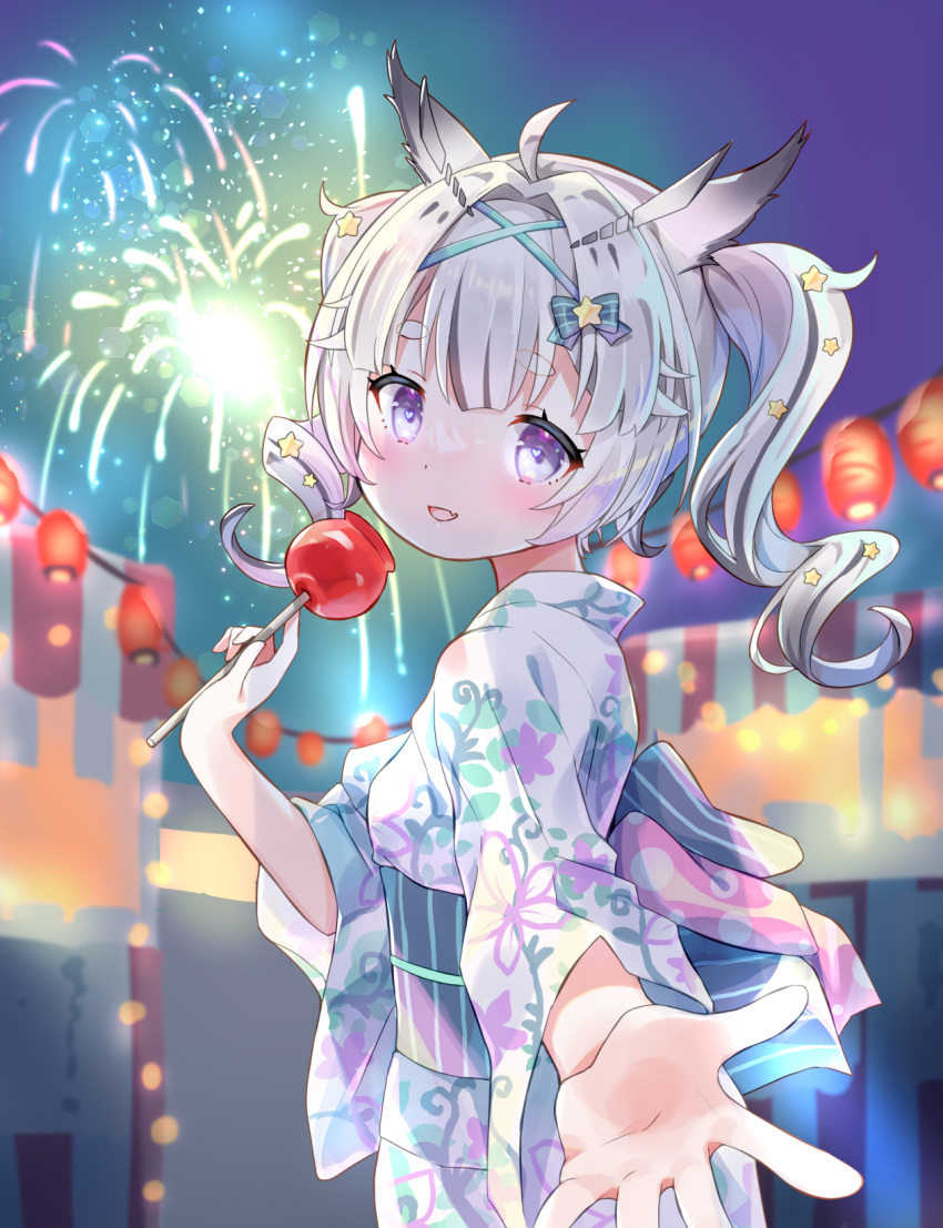 1girl :d ahoge amimi animal_ears antenna_hair bangs blunt_bangs blurry blurry_background bow candy candy_apple commission dot_nose drill_hair fireworks floral_print food hair_bow hair_ornament heart heart-shaped_pupils highres holding holding_candy holding_food japanese_clothes kimono lantern lantern_festival light_particles looking_at_viewer night obi original outdoors outstretched_hand paper_lantern parted_lips sash short_hair skeb_commission sky sky_lantern smile star_(symbol) star_hair_ornament string_lights symbol-shaped_pupils twin_drills violet_eyes white_hair white_kimono yukata