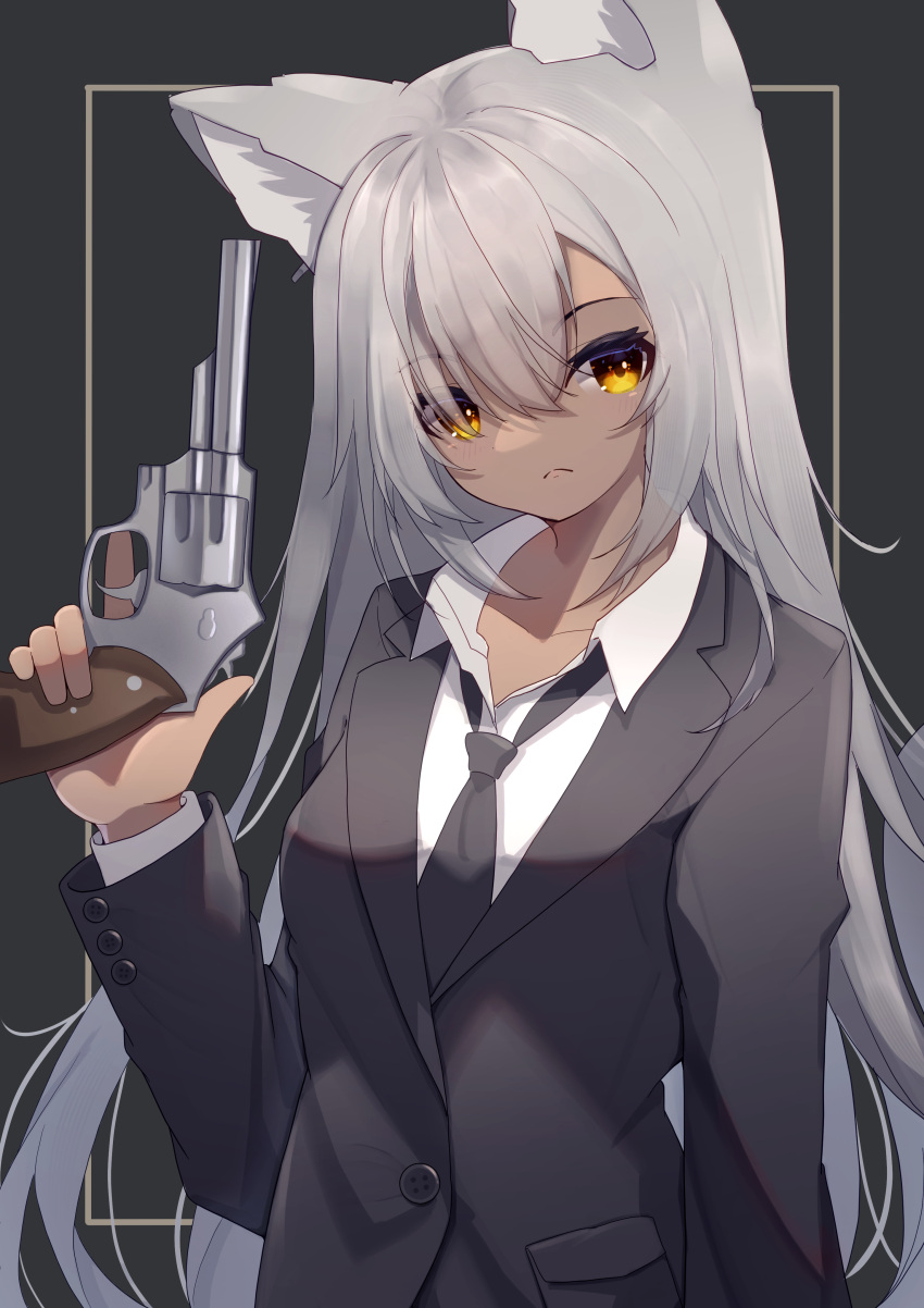 1girl absurdres animal_ear_fluff animal_ears bangs black_background black_jacket black_necktie breasts brown_eyes cat_ears closed_mouth collared_shirt formal grey_background grey_hair gun hair_over_one_eye highres hinata_(user_rjkt4745) holding holding_gun holding_weapon jacket long_hair long_sleeves looking_at_viewer necktie original revolver shirt small_breasts solo suit tail trigger_discipline two-tone_background very_long_hair weapon white_shirt