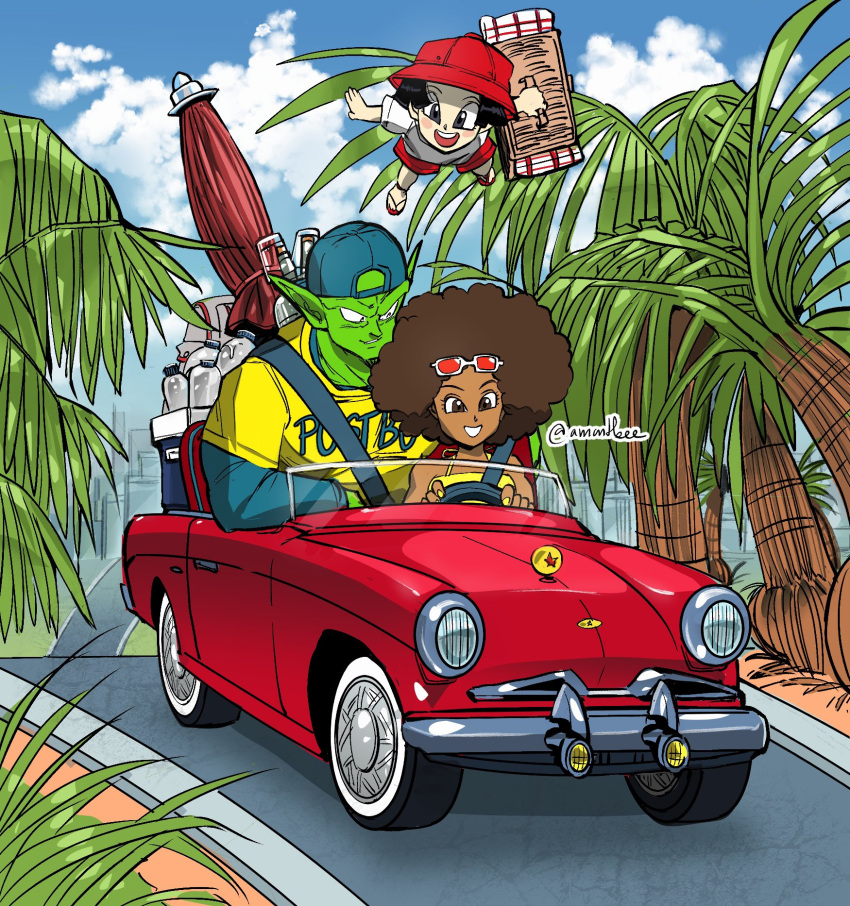 1boy 2girls afro amartbee backwards_hat baseball_cap black_hair blue_sky bottle car child clouds cloudy_sky commentary convertible day dragon_ball dragon_ball_super dragon_ball_super_super_hero driving female_child ground_vehicle hat highres janet_(dragon_ball) motor_vehicle multiple_girls palm_tree pan_(dragon_ball) piccolo red_headwear road sky smile steering_wheel tree water_bottle