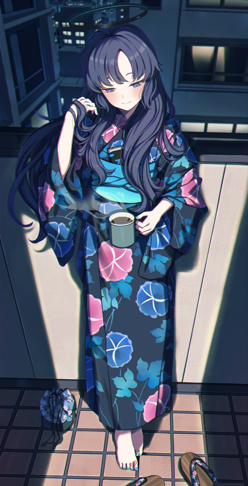1girl absurdres bandaid bandaid_on_foot bangs barefoot blue_archive building closed_mouth coffee_mug cup drawstring_bag half-closed_eyes halo hand_in_own_hair hand_up highres holding holding_cup japanese_clothes kimono kinchaku leaning_on_rail mochi_(m0chi0000) morning_glory_print mug nail_polish obi parted_bangs phone pouch purple_hair sandal_removed sandals sandals_removed sash smile solo standing steam toenail_polish toenails toes tsurime violet_eyes wide_sleeves yukata yuuka_(blue_archive) zouri