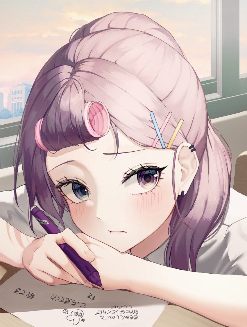 1girl :t absurdres blue_eyes blush closed_mouth ear_piercing forehead hair_rollers hetero highres holding holding_pen indoors long_hair looking_at_viewer luxiel original paper pen piercing pink_hair ponytail solo translation_request upper_body violet_eyes window