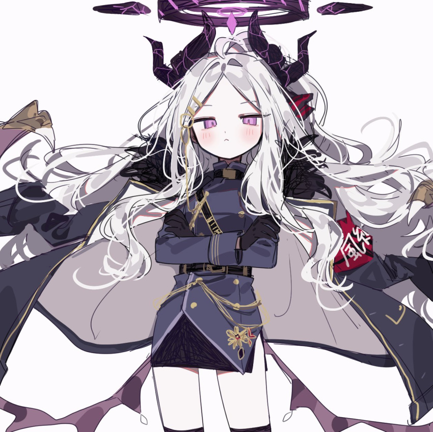 1girl :&lt; armband black_coat black_gloves black_skirt blue_archive blush closed_mouth coat coat_on_shoulders crossed_arms dbffnj9yodnccnd fur-trimmed_coat fur_trim gloves hair_ornament hairclip halo highres hina_(blue_archive) horns jacket long_hair long_sleeves looking_at_viewer low_wings multiple_horns purple_jacket skirt solo very_long_hair violet_eyes white_hair wings