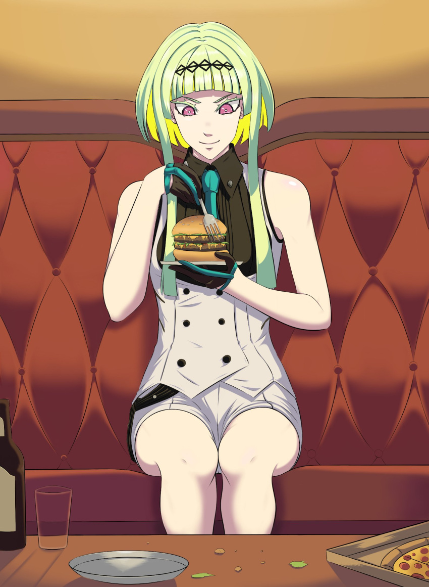 1girl bangs black_gloves black_shirt bottle burger buttons couch ememtrp food fork glass gloves green_hair hair_ornament highres pizza plate ringo_(soul_hackers_2) shirt short_hair short_hair_with_long_locks shorts solo soul_hackers_2 utensil