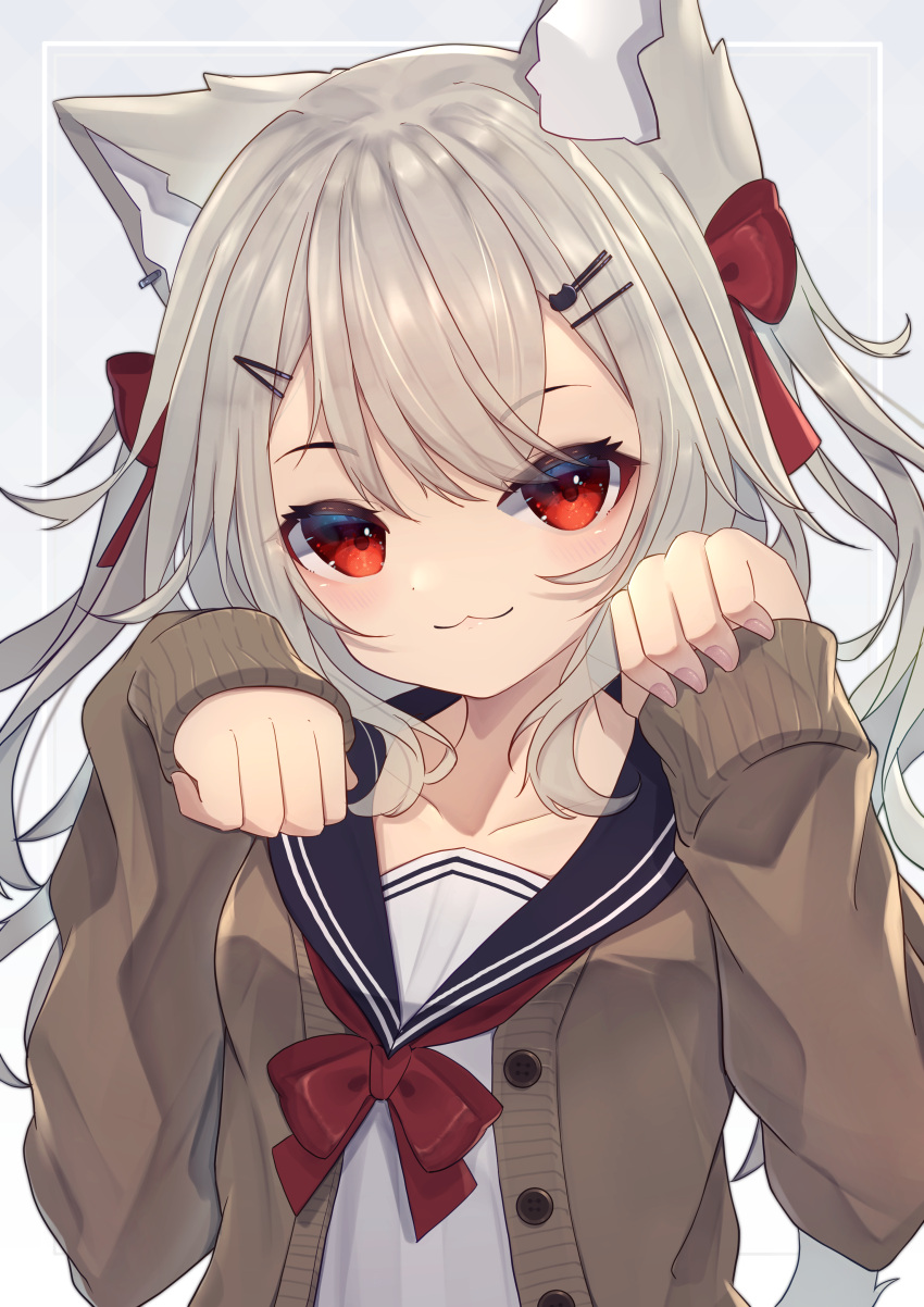 1girl :3 absurdres animal_ear_fluff animal_ears bangs black_sailor_collar bow brown_cardigan cardigan cat_ears cat_girl cat_hair_ornament cat_tail closed_mouth grey_background grey_hair hair_bow hair_ornament hairclip hands_up highres hinata_(user_rjkt4745) long_hair long_sleeves looking_at_viewer open_cardigan open_clothes original paw_pose red_bow red_eyes sailor_collar school_uniform serafuku shirt sleeves_past_wrists solo tail tail_raised two-tone_background upper_body white_background white_shirt