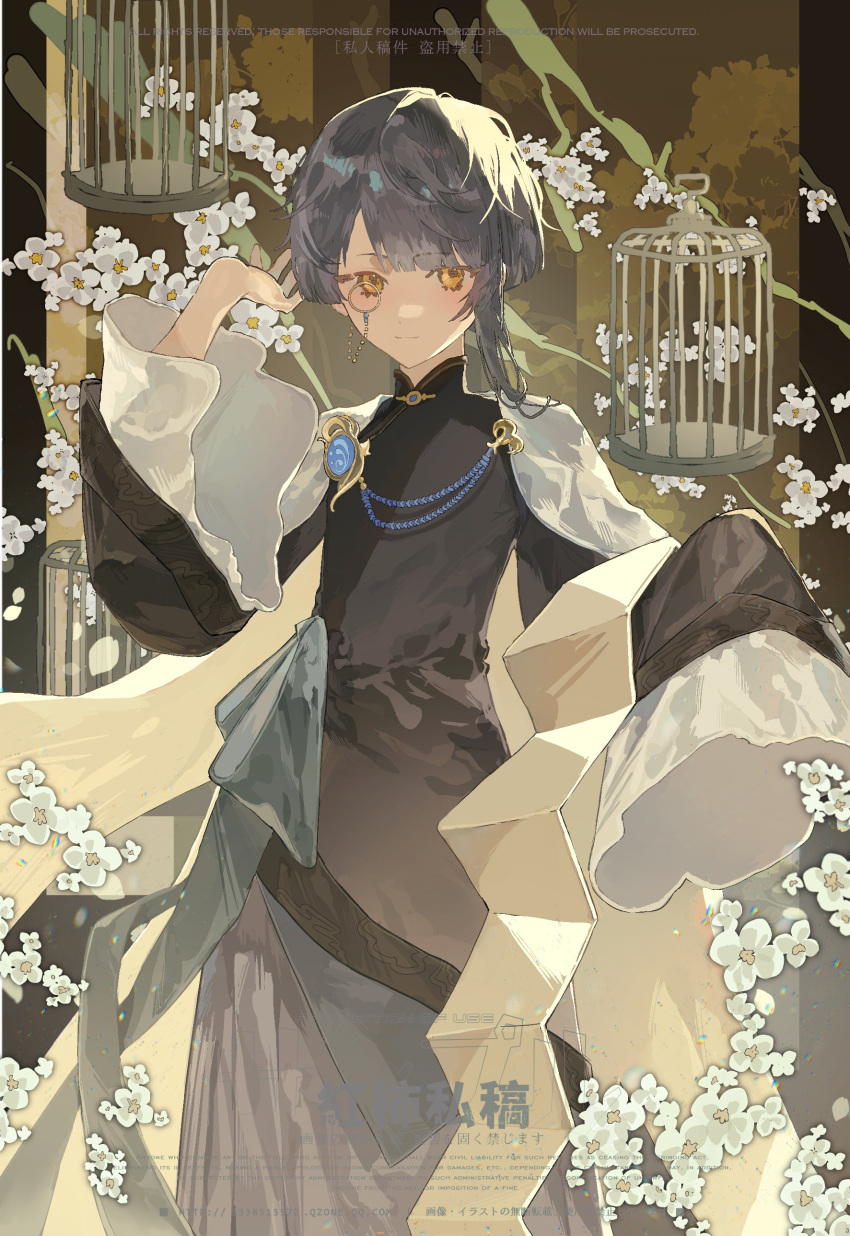 1boy absurdres aoi_no_okina_(genshin_impact) bangs birdcage blue_hair cage closed_mouth flower genshin_impact highres long_sleeves male_focus monocle official_alternate_costume orange_eyes persimmon_(lsxh3) sleeves_past_fingers sleeves_past_wrists solo vision_(genshin_impact) web_address white_flower wide_sleeves xingqiu_(genshin_impact)