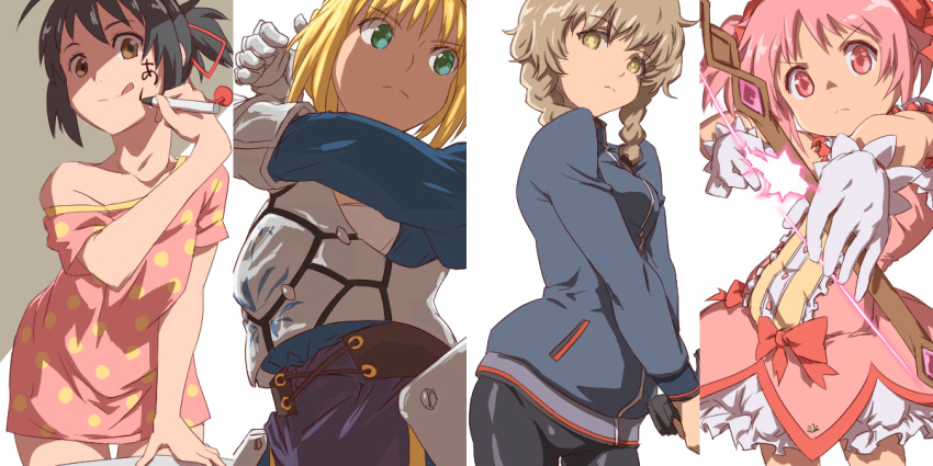 4girls aiming_at_viewer amane_suzuha aoi_nori_(aoicoblue) armor armored_dress arms_up artoria_pendragon_(fate) bangs bike_shorts black_hair blonde_hair blue_dress blue_jacket bow bow_(weapon) braid breastplate breasts bubble_skirt closed_mouth commentary_request dress facepaint fate/stay_night fate_(series) faulds frilled_skirt frills gauntlets gloves glowing green_eyes gun hair_bow hair_ribbon handgun holding holding_bow_(weapon) holding_gun holding_weapon jacket kaname_madoka kimi_no_na_wa. long_sleeves looking_at_viewer looking_to_the_side magical_girl mahou_shoujo_madoka_magica marker medium_breasts miyamizu_mitsuha multiple_girls outstretched_arm pink_dress pink_eyes pink_hair polka_dot polka_dot_dress puffy_sleeves red_bow red_ribbon ribbon saber short_hair short_twintails skirt sleepwear steins;gate tongue tongue_out twin_braids twintails v-shaped_eyebrows weapon white_gloves yellow_eyes