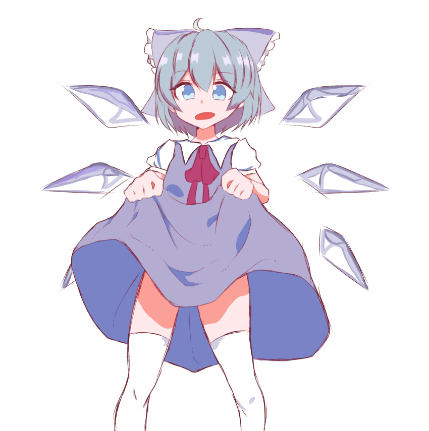 1girl :o ahoge bangs blue_dress blue_eyes blue_hair bow cirno clothes_lift collared_shirt dress hair_bow highres ice ice_wings looking_at_viewer momiji5959 open_mouth pinafore_dress shirt short_hair short_sleeves simple_background skirt skirt_lift solo thigh-highs touhou white_background white_thighhighs wings