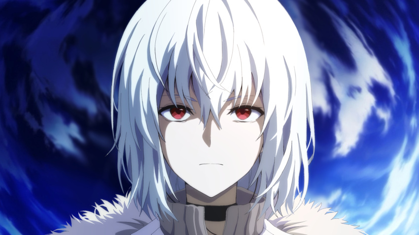 1boy accelerator_(toaru_majutsu_no_index) ahoge bangs black_choker blue_background choker closed_mouth coat commentary english_commentary fur_coat hair_between_eyes highres looking_at_viewer male_focus red_eyes serious short_hair solo straight-on toaru_majutsu_no_index upper_body user_erpr3844 white_coat white_hair