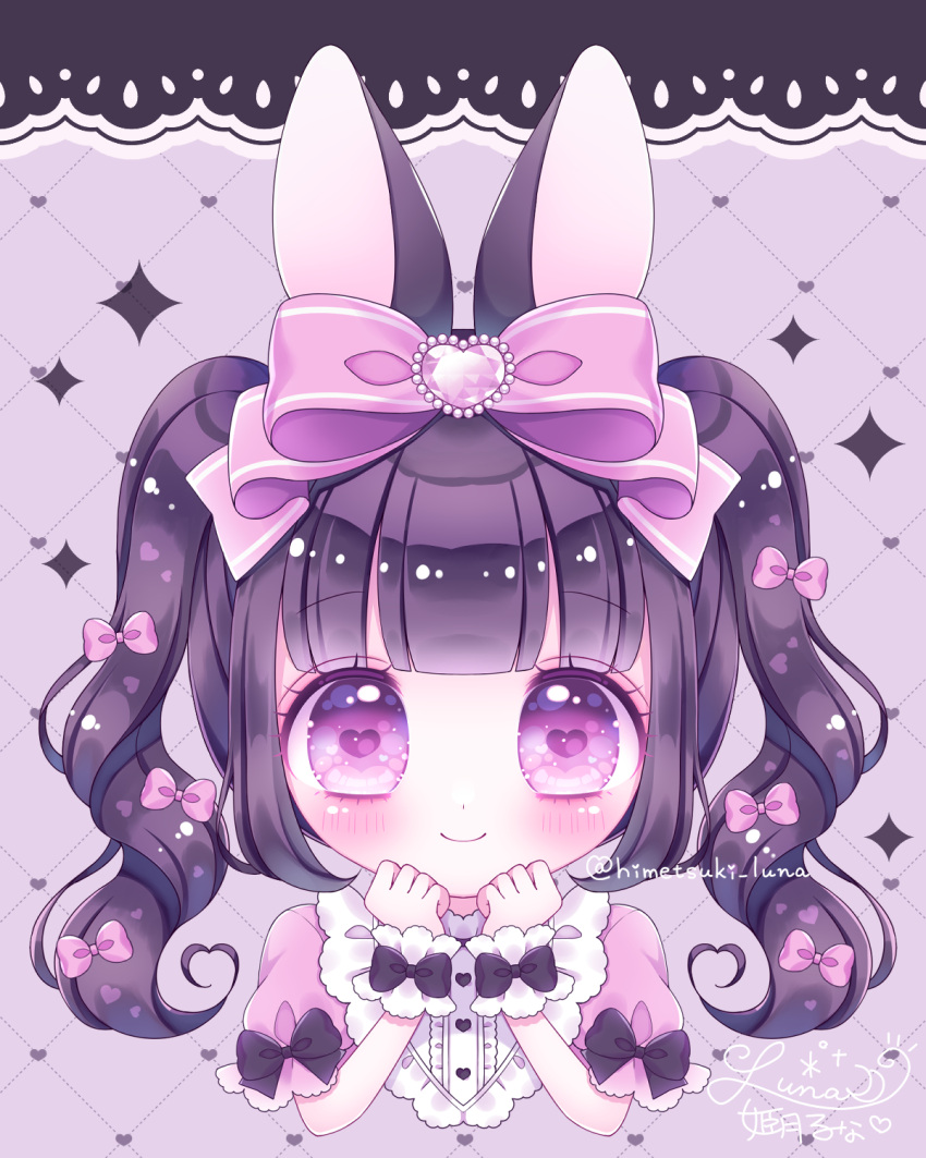 1girl animal_ears bangs black_hair blunt_bangs blush bow closed_mouth hair_bow heart heart-shaped_pupils heart_background highres himetsuki_luna looking_at_viewer original pink_bow pink_shirt puffy_short_sleeves puffy_sleeves rabbit_ears shirt short_sleeves signature smile solo sparkle symbol-shaped_pupils twintails twitter_username upper_body violet_eyes wrist_cuffs
