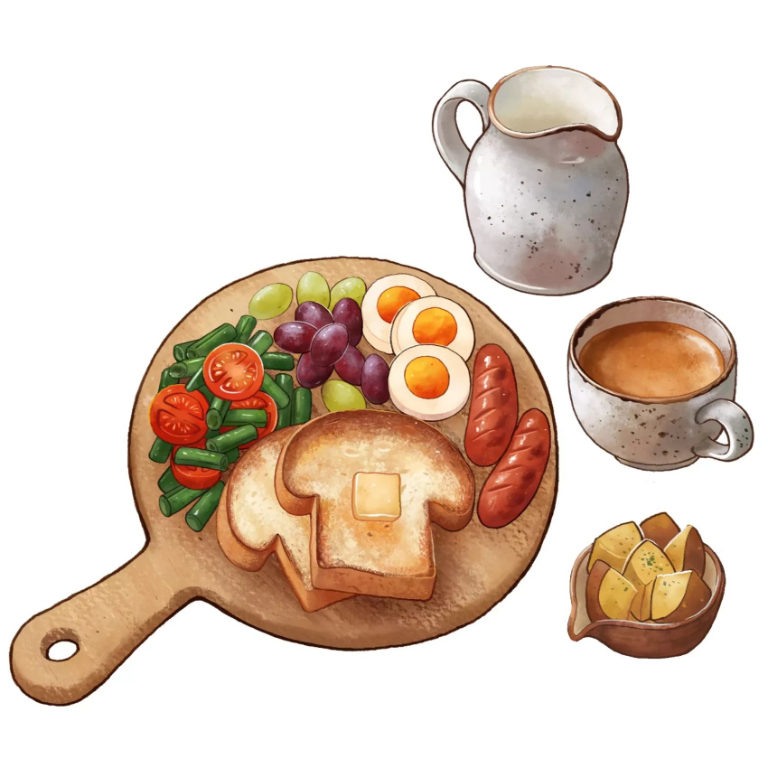 abaoyaonuli butter cup egg_(food) food food_focus fruit grapes hardboiled_egg highres jug original potato sausage simple_background still_life string_bean teacup toast tomato tray vegetable white_background