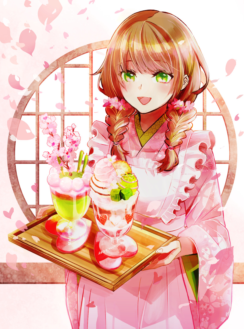 1girl :d absurdres apron bangs braid branch brown_hair cherry_blossoms coaster cowboy_shot falling_petals floral_print flower food green_eyes hair_flower hair_ornament highres holding holding_tray ice_cream japanese_clothes kimono lattice long_hair looking_at_viewer maid_apron matcha_(food) original parfait petals pink_apron pink_kimono pocky round_window smile solo tray twin_braids tyatorabo window wooden_tray